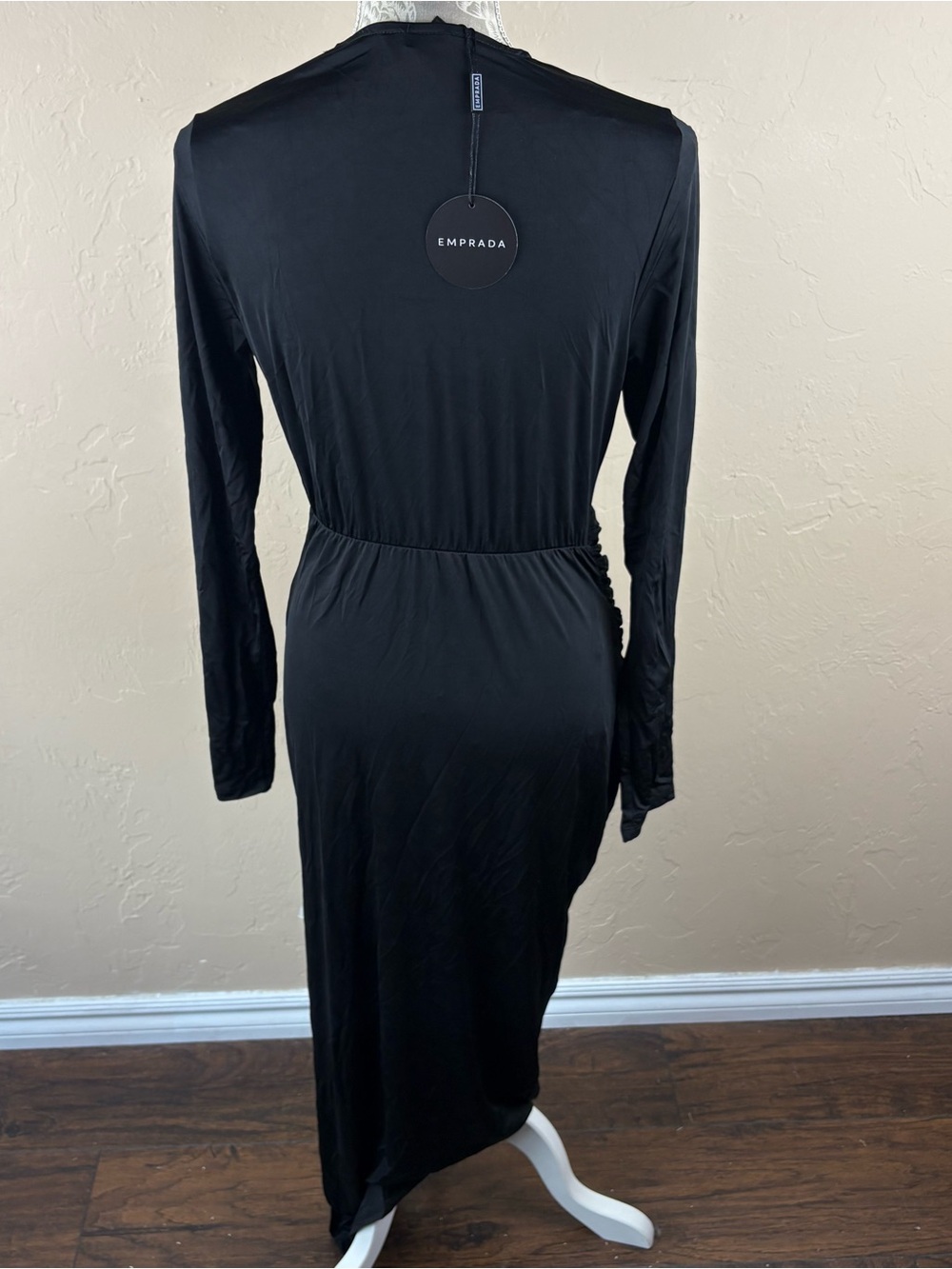 NWT Emprada Black Maxi Long Dress Ruched Twisted Deep V-neck Elegant Women Large - Picture 6 of 10